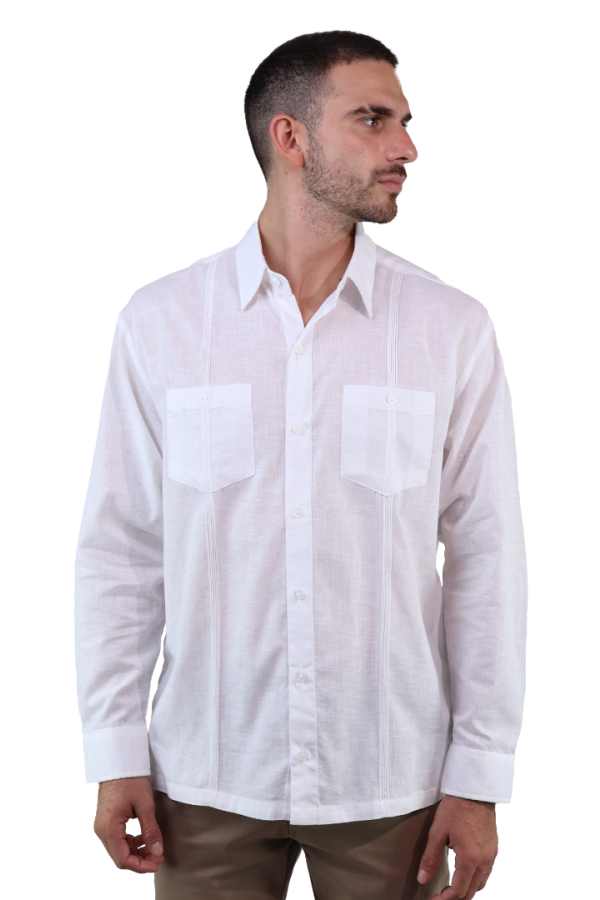 Guayabera Manga Larga Color Blanca Cuello Italiano Corte Clasico Para Caballero